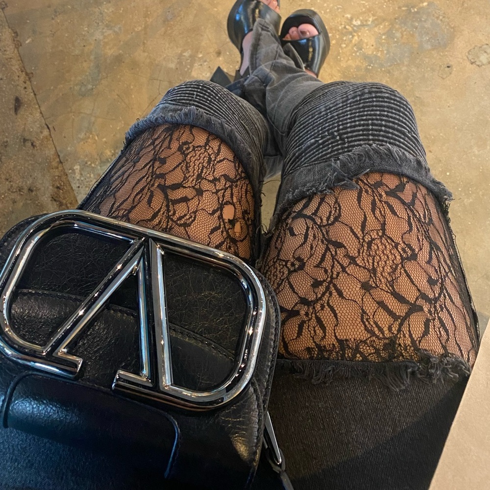 Vinti Andrews Gray Denim (Motor Knee Black Lace Thigh Inserts) Jeans 🇬🇧 Designer